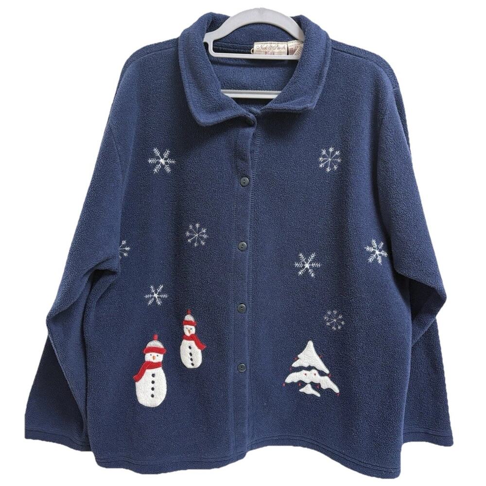 Nick & Sarah Christmas Fleece Cardigan Sweater‎ Womens Plus 2X Navy Snowmen